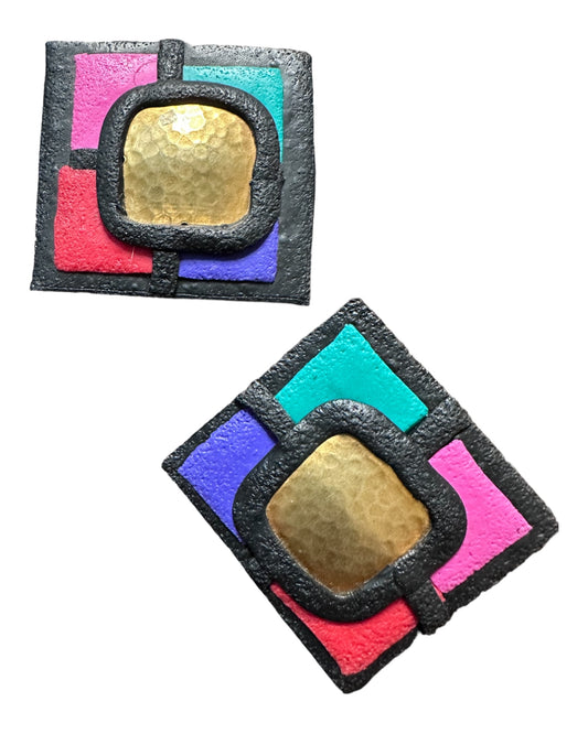 80s Leather Colorblock Brass Earrings