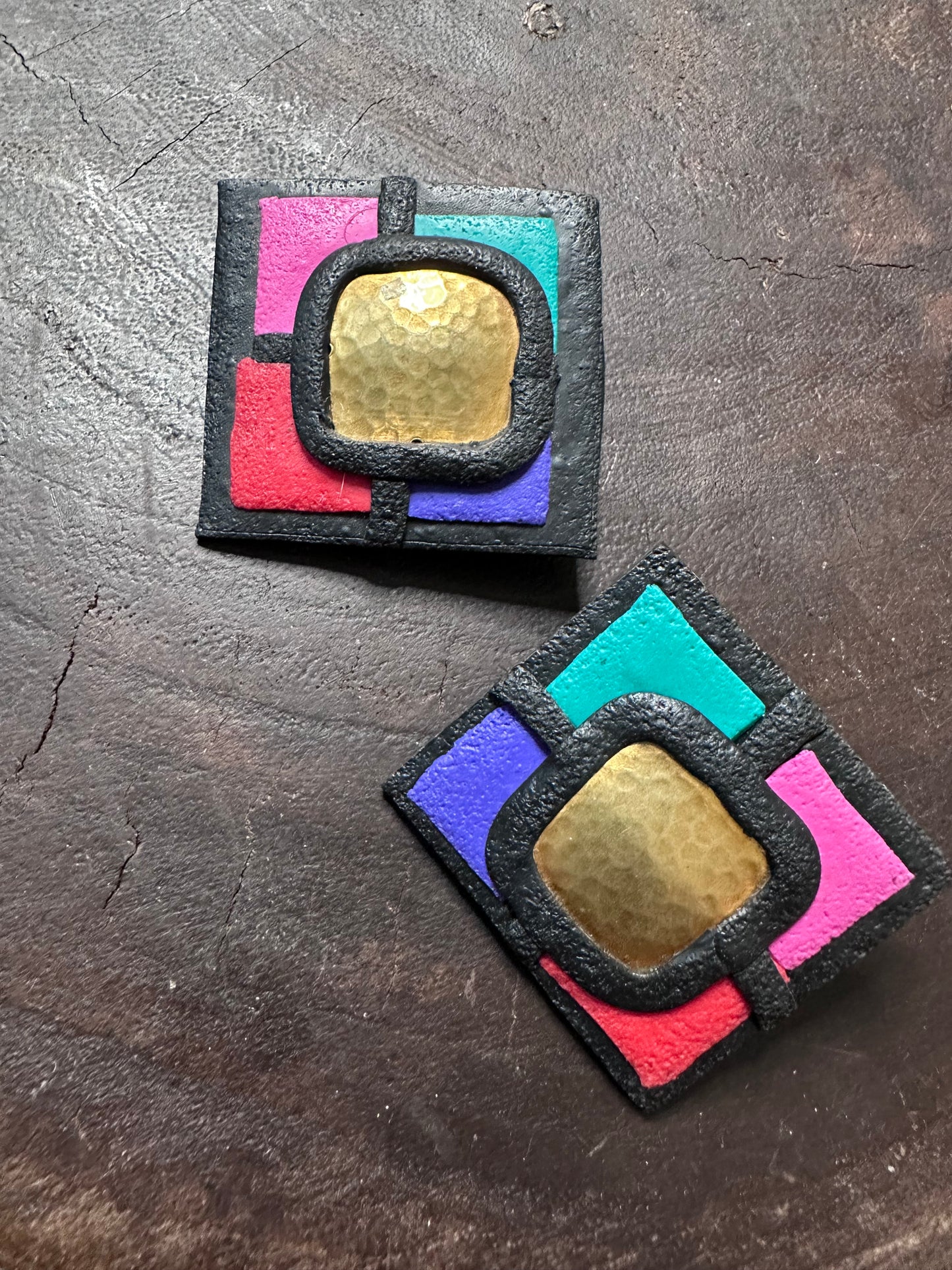 80s Leather Colorblock Brass Earrings