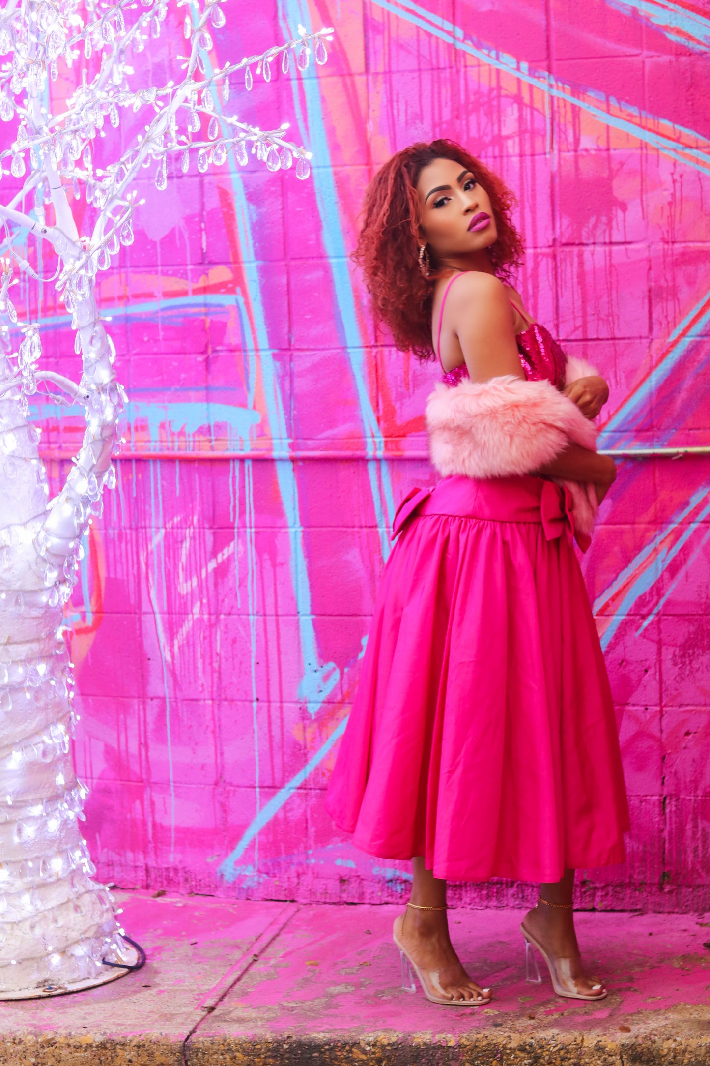 Hot Pink 80's Pink Sequin Bow Dress