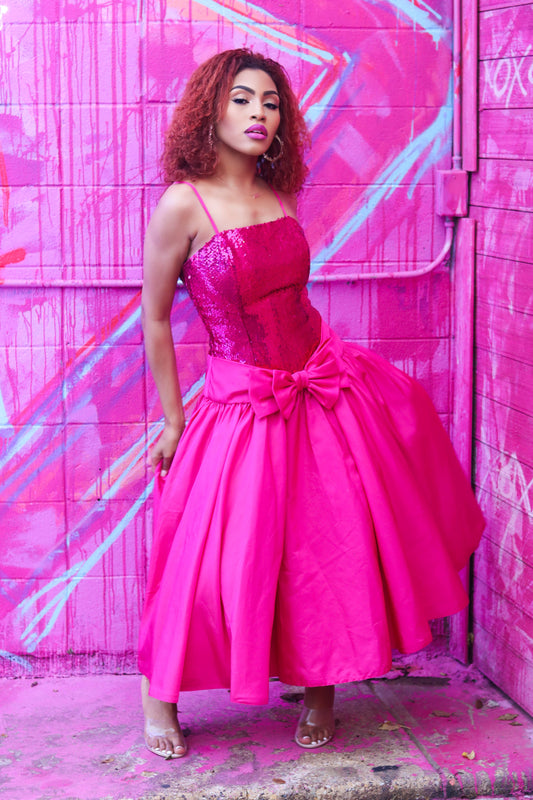 Hot Pink 80's Pink Sequin Bow Dress